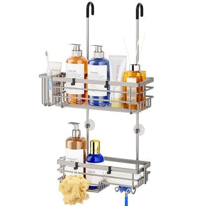 HapiRm Hanging Shower Caddy Organizer - No Drilling Shower Shelves with Hooks and Toothbrush Holder, Rustproof 304 Stainless Steel Bathroom Organizer - Brushed Nickel - color: Brushed Nickel
