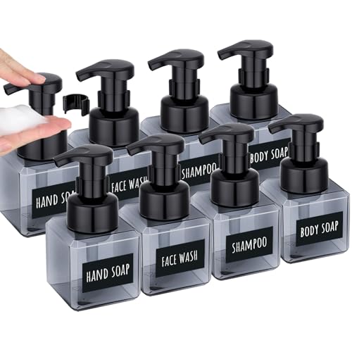 Segbeauty Refillable Foaming Hand Soap Dispenser 8.5oz 8pcs, Square Foam Bottle Container with Waterproof Stickers, Plastic Foam Pump Bottle Gray 250ml, Foaming Bathroom Countertop Soap Dispensers - color: Gray, style: 8pcs 8.5oz