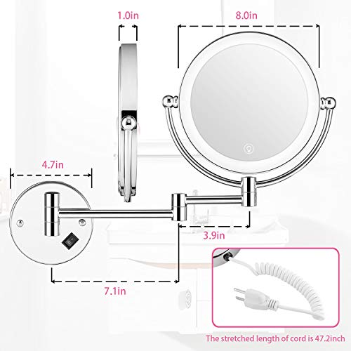 Wall Mounted Lighted Makeup Mirror, 8 Inch Double-Sided 1X 5X Magnifying Mirror for Bathroom, 11'' Extendable Arm, 360° Swivel, Touch DimmableLED Lights, Powered by Plug in, Chrome