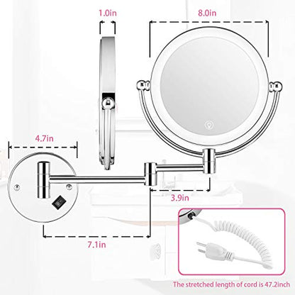 Wall Mounted Lighted Makeup Mirror, 8 Inch Double-Sided 1X 5X Magnifying Mirror for Bathroom, 11'' Extendable Arm, 360° Swivel, Touch DimmableLED Lights, Powered by Plug in, Chrome