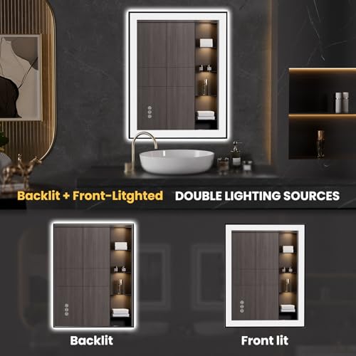 LOAAO 28"X36" LED Bathroom Mirror Black Framed | Anti-Fog, Dimmable, Memory Function, Tempered Glass, Lighted Vanity Mirror for Wall - size: 28"L x 36"W