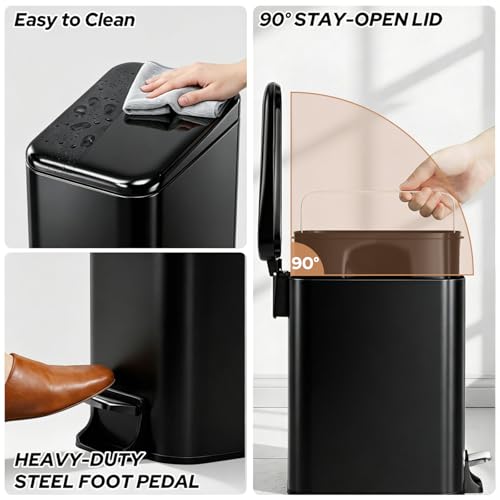 Small Bathroom Trash Can w/Lid Soft Close, 6 Liter/1.6 Gallon Stainless Steel Garbage Can w/Inner Bucket, Trash Bin Waste Basket for Kitchen, Bedroom, Living Room, Office, Toilet, Black - color: Black