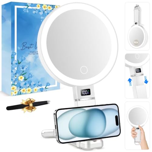 30X Travel Magnifying Mirror with Light, Height Adjustable Vanity Mirror with Phone Holder Stand, Portable Compact Handheld Makeup Mirror with Smart Display for Travel, Bedroom & Daily Makeup Use - color: White