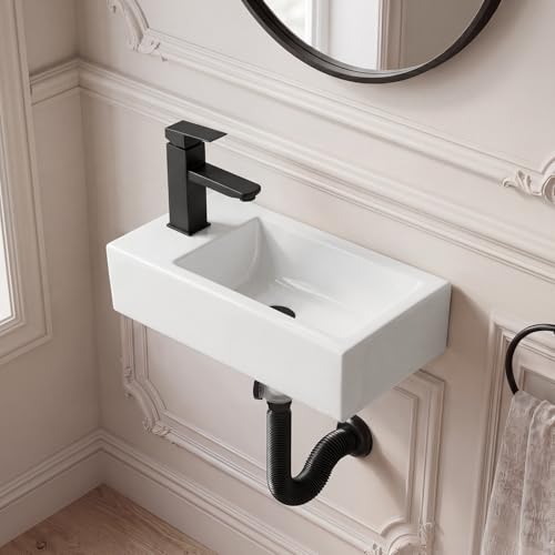 White Wall Mounted Ceramic Bathroom Sink, 18" x 10" Floating Vessel Sink | Rectangle, Black Faucet, Pop Up Drain, Ideal for Small Bathroom, Left Hand - size: 18''x10''