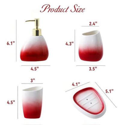 Bathroom Accessory Set, 4 Pcs White & Red Gradient Ceramic Bathroom Cabinet with Soap Dispenser Soap Dish Gargle Cup Toothbrush Holder, Fashion Bathroom Decor for Home Apartment Hotel (Red)