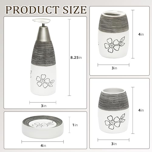 CERBIOR Bathroom Accessories Set,4 PCS Ceramic Bath Accessory,White Flower | Includes Toothbrush Holder, Toothbrush Cup, Soap Dish for Decorative Countertop and Housewarming Gift - style: White-Flower