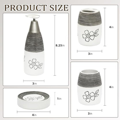 CERBIOR Bathroom Accessories Set,4 PCS Ceramic Bath Accessory,White Flower | Includes Toothbrush Holder, Toothbrush Cup, Soap Dish for Decorative Countertop and Housewarming Gift - style: White-Flower