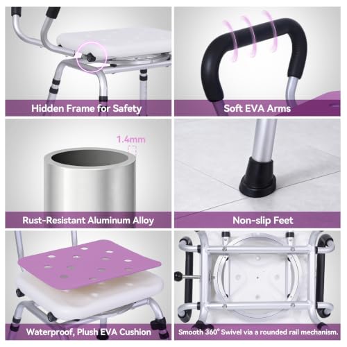 Swivel Shower Chair with Removable Arms and Back, 400 lbs | Adjustable Height Shower Seats for Inside Shower or Tub, Non-Slip Shower Stool, Safety Bath Seat for Elderly and Disabled - color: Purple