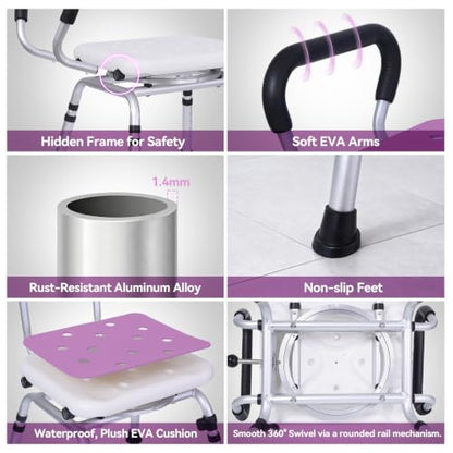 Swivel Shower Chair with Removable Arms and Back, 400 lbs | Adjustable Height Shower Seats for Inside Shower or Tub, Non-Slip Shower Stool, Safety Bath Seat for Elderly and Disabled - color: Purple
