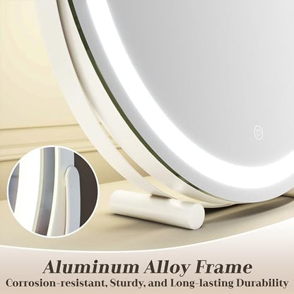 ROLOVE 18 Inch Makeup Mirror with Lights, Large Round Vanity Mirror for Tabletop Desk, Smart Touch Dimmable LED, 360° Rotation, White, Gifts for Women, Wife, Mom, Girls - size: 18"L x 18"W