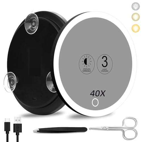 40x Magnifying Mirror with Light, 6inch Lighted Makeup Mirror with 3 Suction Cups, Travel Magnifying Mirror 40x with Light, High Magnification Makeup Mirror with Tweezers & Scissors Sets - color: 40x -Black