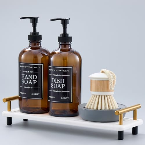 Soap Dispenser Set – 16oz Refillable Amber Glass Bottles with Brush Holder, Dish Scrub, Diatomite Tray, 12 Waterproof Labels – Brown Non-Slip Base for Home Upgrade, Rustic Farmhouse Style (Set of 6)
