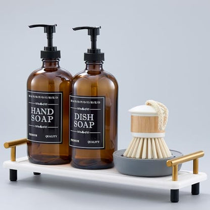 Soap Dispenser Set – 16oz Refillable Amber Glass Bottles with Brush Holder, Dish Scrub, Diatomite Tray, 12 Waterproof Labels – Brown Non-Slip Base for Home Upgrade, Rustic Farmhouse Style (Set of 6)