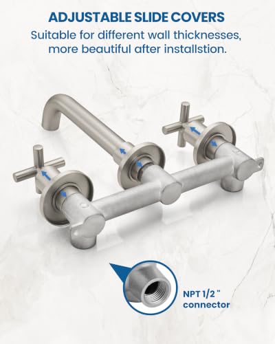 Airuida Solid Brass Brushed Nickel Wall Mount Bathroom Faucet | 360° Swivel Spout,Rough in Valve,2 Cross Handle,3 Hole,Widespread - color: Brushed Nickel