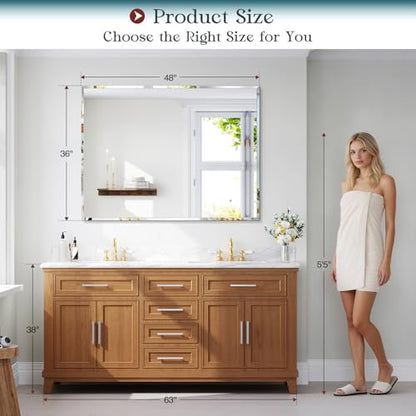 36"x48" Frameless Bathroom Mirror, Beveled Bathroom Vanity Mirror | Wall Mount Mirrors for Bedroom Entryway Living Room Hangs Horizontally or Vertically - size: 48"L x 36"W