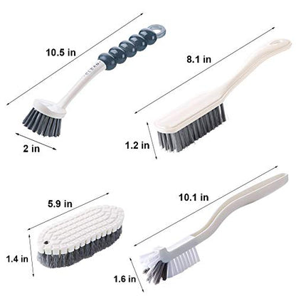 Dish Brush Set 4 Pack with Handle, Stiff Bristle Kitchen Scrub Brushes, Multi-Purpose Cleaning Brushes for Dishes, Pots, Sinks, Bottles, Grout Lines & Bathroom Surfaces