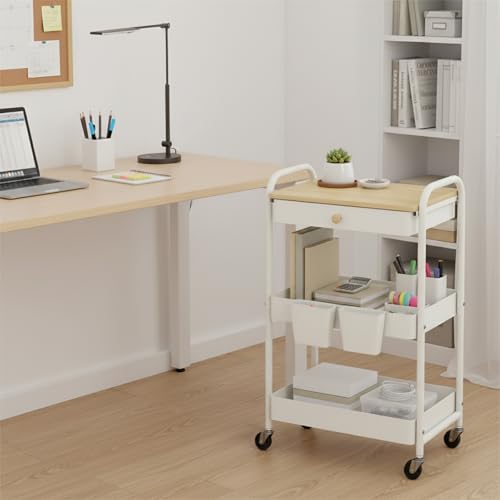 3 Tier Rolling Cart with Wooden Table Top, White Rolling Utility Cart with Drawer & Locked Wheels, Easy Assembly for Nursery, Living Room, Studio - color: White