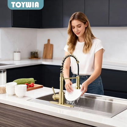 Gold Kitchen Faucets with Pull Down Sprayer, Stainless Steel Single Handle Pull Out Spring Sink Faucet, 3 Function Sprayer 1 or 3 Hole Deck Plate for Farmhouse Laundry Rv Bar - color: Gold, style: Classic