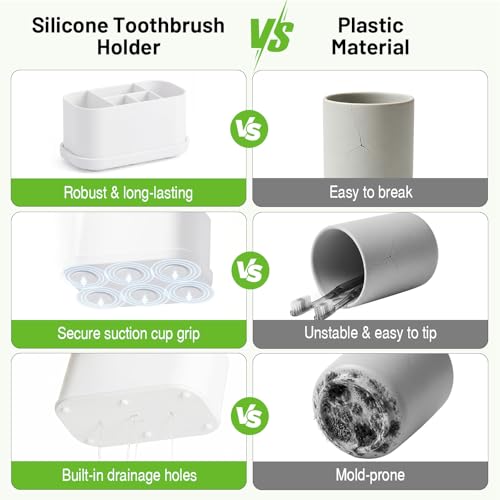 Luxspire Toothbrush Holders for Bathrooms, Silicone, 5 Slots, White | Toothbrush Organizer with Suction Cup Tray, Toothbrush Holder with Drainage for Bathroom Countertop - color: White