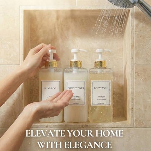 Modern Gold Design Shampoo and Conditioner Dispenser, Large 27oz Shower Soap Dispenser, Set of 3 Refillable Empty Plastic Pump Bottles for Bathroom, 6 Waterproof Labels Included, (Clear & White) - color: Clear & White