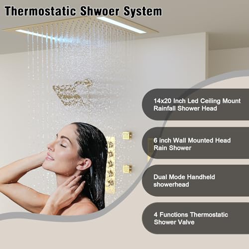 Thermostatic Shower System with 14x20 Inch Ceiling Mount LED Head & 6 Inch Wall Head and Handheld Shower 4 Function Vale with body jets Can All Run Together,Brushed Gold - color: Brushed Gold, style: 14x20 led+6 jets