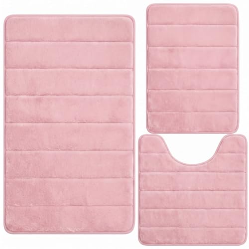 Bathroom Rugs Set 3 Piece, Memory Foam Bath Rugs, Non Slip Washable Bathroom Rug Set, Extra Soft Absorbent Bath Mats with U-Shaped Toilet Rug, Pink - color: Pink
