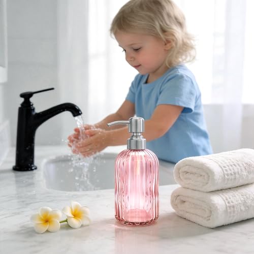 16 OZ Pink Glass Soap Dispenser Glass Soap Dispenser,Clear Pink Stripe Bathroom Hand Soap Dispensers with Stainless Steel Pump, Pink Kitchen Hand Soap Dispenser with Brushed Nickel Pump - color: Pink+brushed Nickel Pump, size: 1-Pack