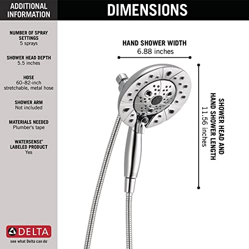 Delta Faucet 5-Spray In2ition Dual Shower Head with HandHeld Spray, H2Okinetic Chrome Shower Head with Hose, Showerheads, Handheld Shower Heads, Magnetic Docking, Chrome 58480-PK - color: Chrome
