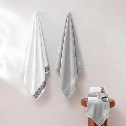 Modern Threads 600 GSM 6-Piece Towel Set with Filgree Jacquard Border, Silver - color: Silver, style: Jacquard Border