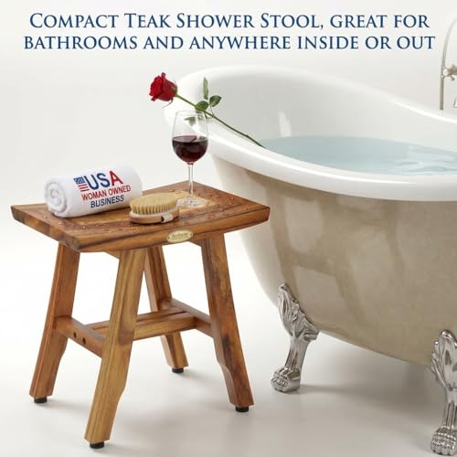 EcoDecors® Satori® 14" Solid Teak Shower Bench, Water-Resistant Bath Stool with Adjustable Feet, EarthyTeak Finish, Indoor/Outdoor Use - size: 14" L x 10" W x 14" H