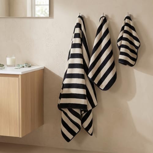 Jacquotha Black Striped Towels Set for Bathroom, 8 Piece Cotton Towels | Soft Quick Dry Towel Set with 2 Bath, 2 Hand, 4 Washcloths, Bathroom Decor & Versatile