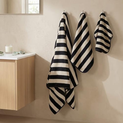 Jacquotha Black Striped Towels Set for Bathroom, 8 Piece Cotton Towels | Soft Quick Dry Towel Set with 2 Bath, 2 Hand, 4 Washcloths, Bathroom Decor & Versatile