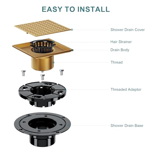 4" Square Shower Drain Kit, Champagne Bronze | ABS Flange & Hair Catcher, Low Profile Floor Drain, 304 Stainless Steel, Fits 2"/3" Pipes - color: Champagne Bronze