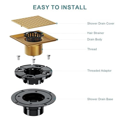 4" Square Shower Drain Kit, Champagne Bronze | ABS Flange & Hair Catcher, Low Profile Floor Drain, 304 Stainless Steel, Fits 2"/3" Pipes - color: Champagne Bronze