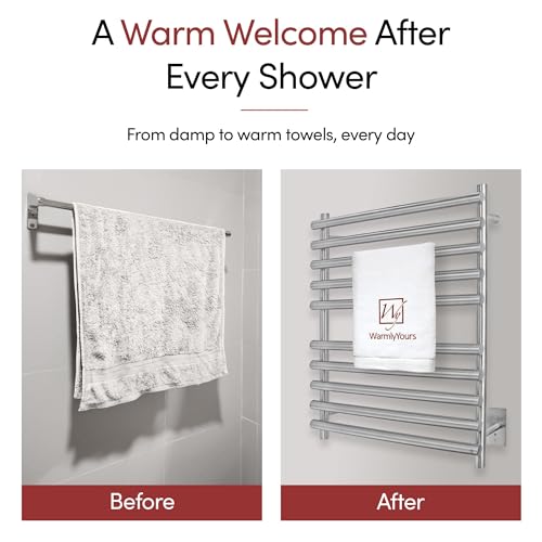 WarmlyYours Rome Heated Towel Rack, 10 Bars, Brushed Steel, Hardwired | Wall-mounted electric towel warmer for bathrooms, 10 heated bars, brushed stainless steel, hardwired connection