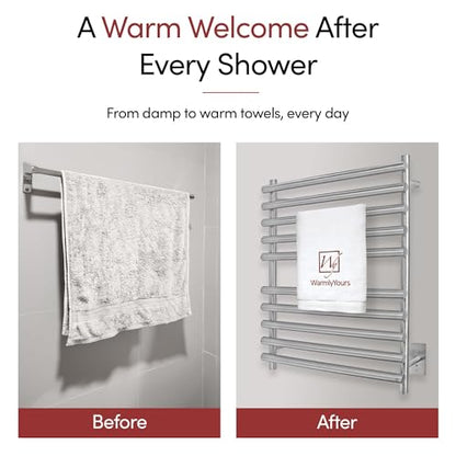 WarmlyYours Rome Heated Towel Rack, 10 Bars, Brushed Steel, Hardwired | Wall-mounted electric towel warmer for bathrooms, 10 heated bars, brushed stainless steel, hardwired connection