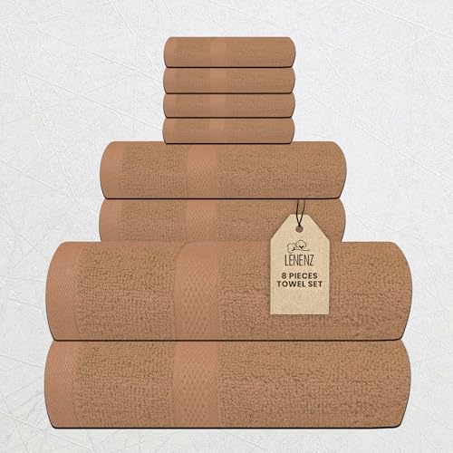 Luxury 8 Piece Set, 2 Bath Towels 2 Hand Towels 4 Washcloths, 100% Cotton Towels for Bathroom, Home, Spa, Hotel & Gym – Ultra Soft, Highly Absorbent, Quick Dry (Beige) - color: Beige, size: Towel Sets - Pack of 8