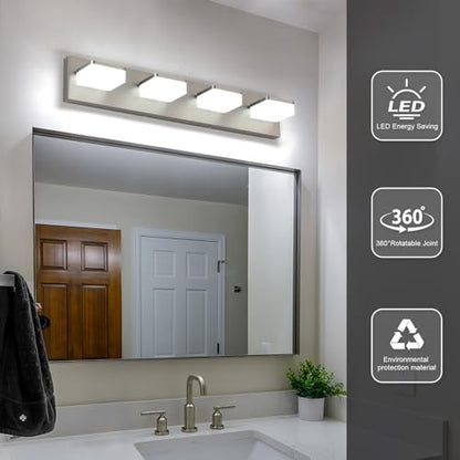 LED Vanity Light Fixture for Bathroom, 4-Light Brushed Nickel Bathroom Light Over Mirror, Modern Vanity Lighting Wall Light Fixtures - size: 4-Light,26Inch
