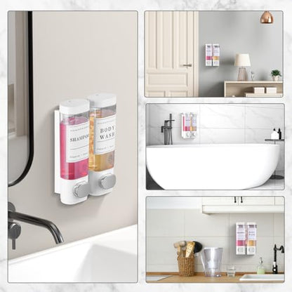 Shampoo and Conditioner Dispenser Bathroom Shower Soap Dispenser Wall Mounted Shampoo Dispenser for Shower Wall No Drill 2 * 300ml White 2 Chamber with Waterproof Labels - color: White 2