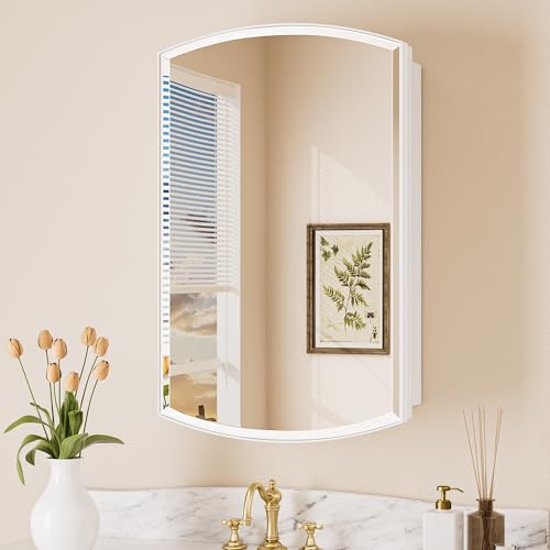 Keonjinn Medicine Cabinet 16 x 26 Inch, Surface Mount or Recessed Cabinets with Mirrors, White Metal Framed Wall Mirror with Storage, 2 Adjustable Shelves, Beveled Edge Frame | Adjustable Shelves, Different Curved Frame Design, Wall Mirror with Storage, S