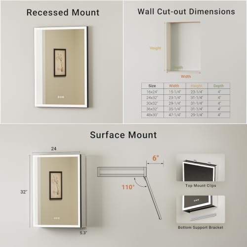 24x32 Lighted Medicine Cabinet with Mirror, Black AL Alloy Frame, Plug-in/Hardwired, Recessed/Wall Mount, Defog, 3-Color Dimmable Lights, USB-C&USB-A+2 Outlets, 3 Shelves, Right Hinge - size: 24x32(R)