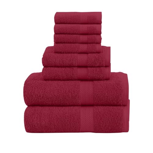QUBA LINEN Pack of 8 Towels Set, 2 Large Bath Towels, 2 Hand Towels, 4 Wash Cloths, 100% Cotton, Lighter Weight, Quicker to Dry, Super Absorbent, Perfect for Bathroom (Burgandy) - color: Burgandy