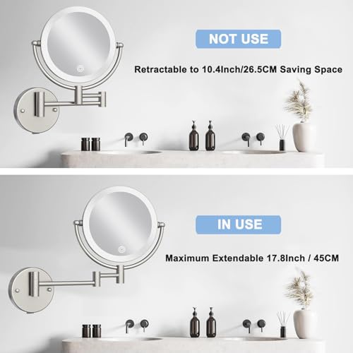 Makeup Mirror Wall Mounted with Lights and Magnification 10X, Rechargeable | 8 Inches Double-Sided, 3 Color LED Touch Dimmable, Brass Extended Swing Arm, Bathroom Vanity Cosmetic, Brushed Nickel - color: Brushed Nickel