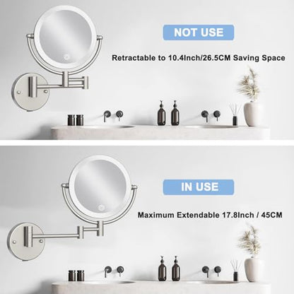 Makeup Mirror Wall Mounted with Lights and Magnification 10X, Rechargeable | 8 Inches Double-Sided, 3 Color LED Touch Dimmable, Brass Extended Swing Arm, Bathroom Vanity Cosmetic, Brushed Nickel - color: Brushed Nickel