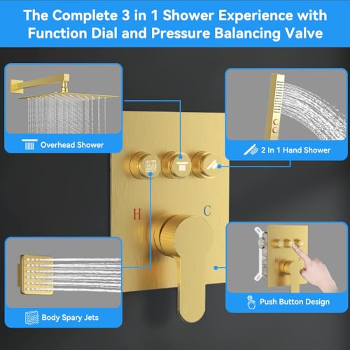 STARBATH Shower System with Body Jets,12" Rainfall Shower System with 2 in 1 Handheld and 4 Body Jets, Can Use All at Once, Push Button Complete Shower Jets System with Valve and Trim Kit,Brushed Gold - color: Gold, size: 12"-04