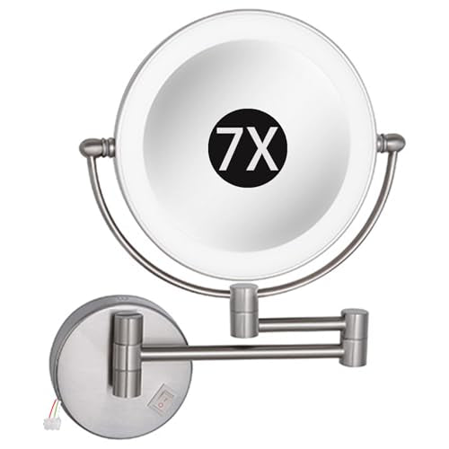 8" Wall Mounted Lighted Makeup Mirror, Hardwired Double Sided LED Magnifying Extended Arm 360° Swivel Bathroom Vanity Mirror,Brushed Nickel,7X - color: Brushed Nickel, size: 7X