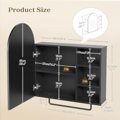 Arched Bathroom Medicine Cabinet Mirror with Storage, Modern Arch Mirrored Cabinets, Wall-Mounted Vanity with 2 Adjustable Shelves & Towel Bar, Not Recessed, Black - color: Black
