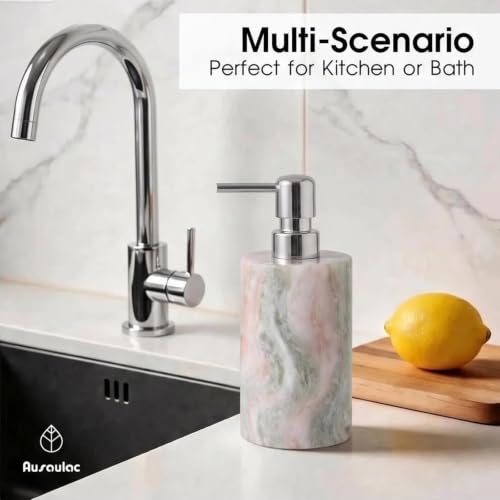Natural Marble Soap Dispenser, Round Stone Hand Soap Pump for Bathroom & Kitchen Countertop, Rust-Proof Stainless Steel Pump, Heavy Duty Refillable Lotion Dispenser (1, Jade Blossom) - color: Jade Blossom