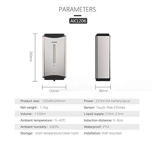AIKE Heavy Duty Automatic Soap Dispenser,37oz for Bathroom,Polished Steel | 5-Level and Savety Key for Commercial(4*AA Batteries Not Included),Screw Wall Mount for Space-Saving,Stainless Steel AK1206 - color: Polished Stainless Steel