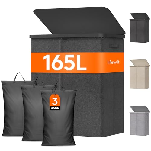 Lifewit 165L Large Laundry Basket with Lid, Laundry Hamper with Plastic Handles and Removable Bag, Foldable Tall Dirty Clothes Hampers for Laundry for Laundry Room, Bedroom, Bathroom, Dorm, Dark Gray - color: Dark Gray, size: 165L